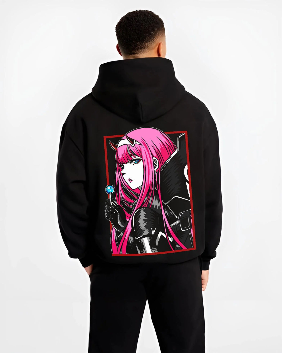 Black hoodie worn by male model from the back featuring Zero Two pink uniform portrait Darling in the Franxx artwork.