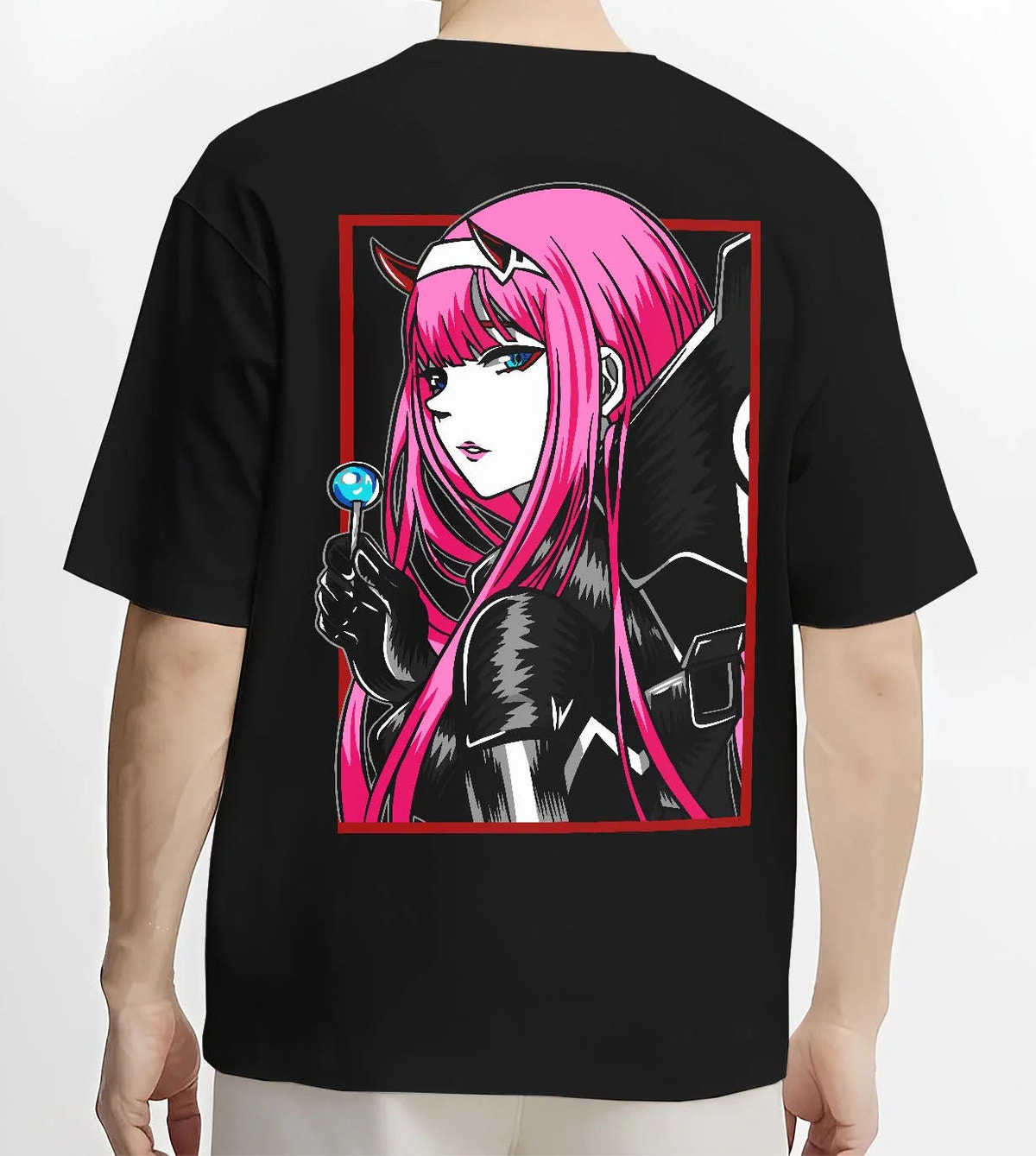 Black T-shirt worn by male model from the back featuring Zero Two pink uniform portrait Darling in the Franxx artwork.