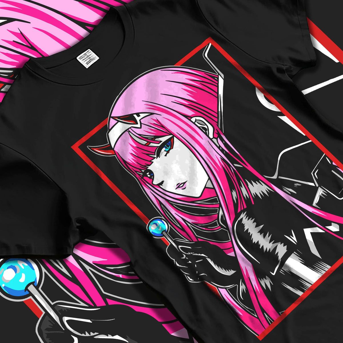 Black T-shirt laid flat with natural folds featuring Zero Two pink uniform portrait Darling in the Franxx artwork.