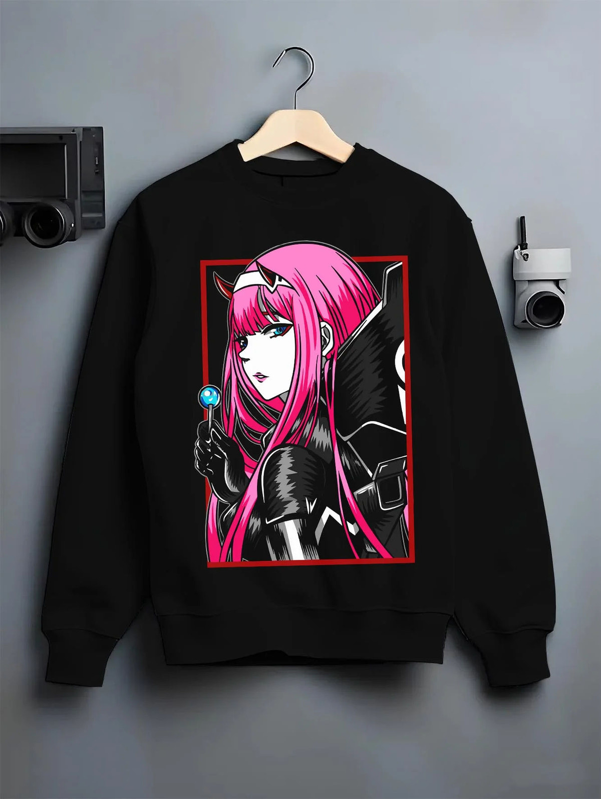 Black crewneck sweatshirt on hanger featuring Zero Two pink uniform portrait Darling in the Franxx artwork.
