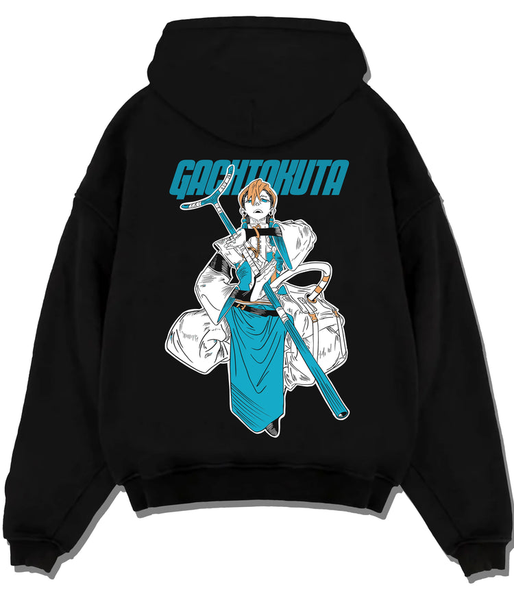 Black hoodie flat back view showing Zanka Nijiku from Gachiakuta: Gachiakuta character with long weapon