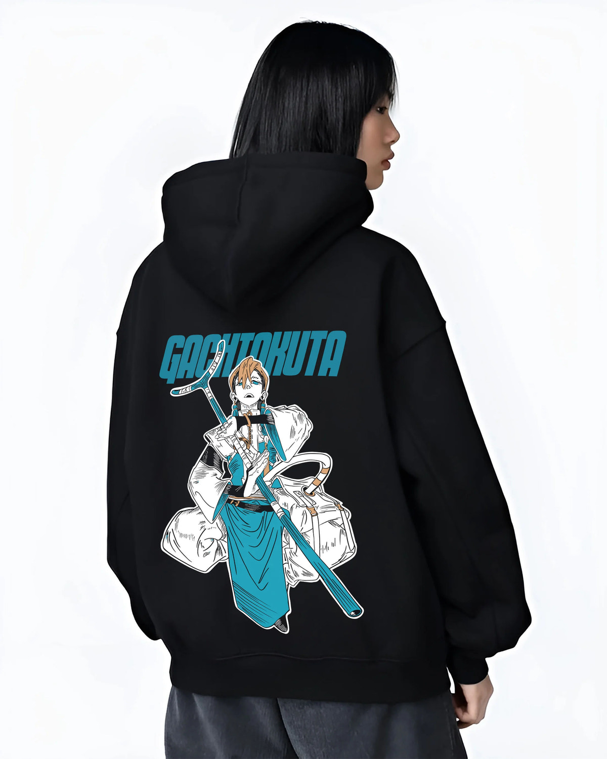 Black hoodie female model back view showing Zanka Nijiku from Gachiakuta: Gachiakuta character with long weapon