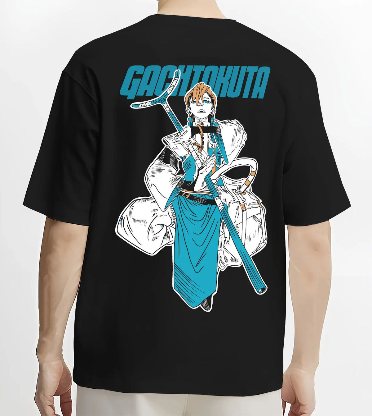 Black T-shirt model back view showing Zanka Nijiku from Gachiakuta: Gachiakuta character with long weapon