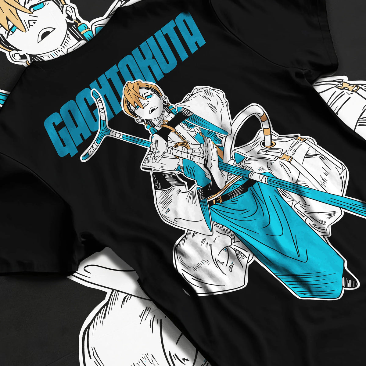 Black T-shirt flat back view showing Zanka Nijiku from Gachiakuta: Gachiakuta character with long weapon