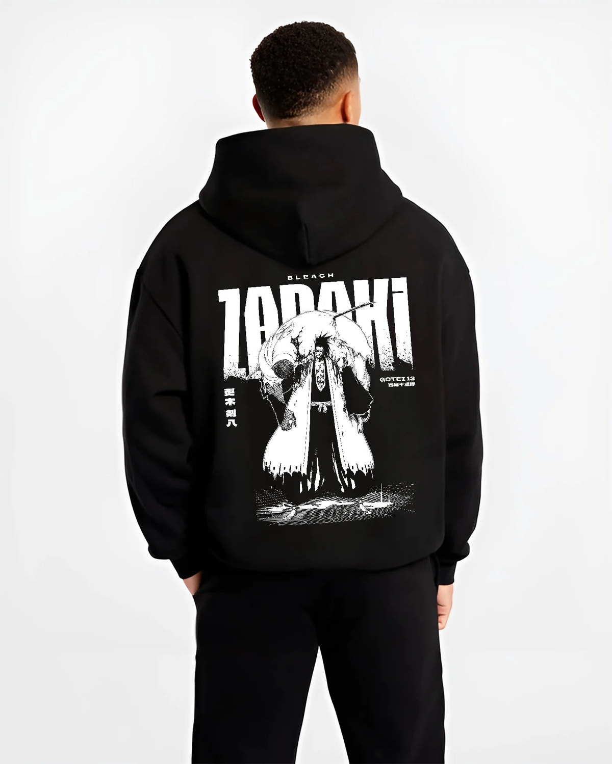 Black hoodie model back view with Kenpachi Zaraki from Bleach illustrated back graphic