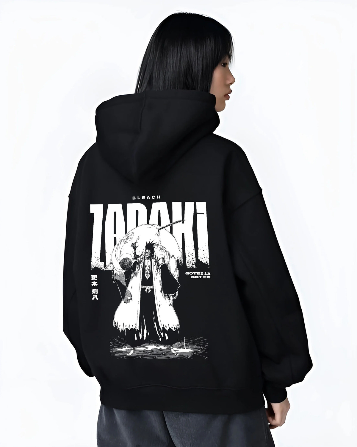 Black hoodie female model back view with Kenpachi Zaraki from Bleach illustrated back graphic