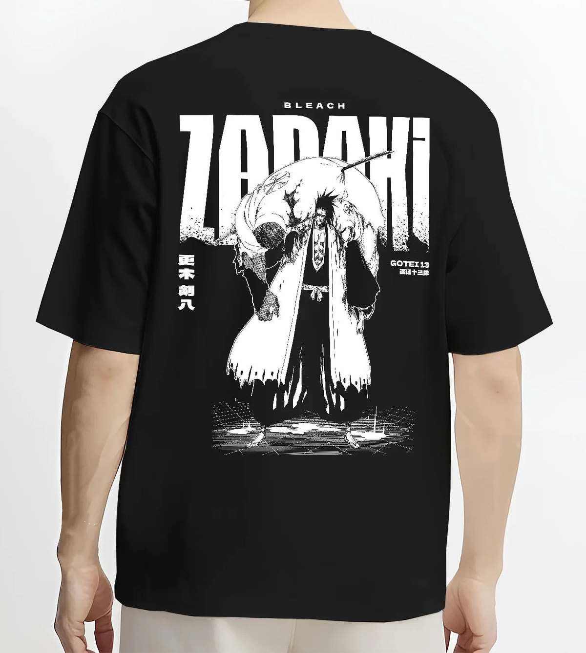 Black T-shirt model back view with Kenpachi Zaraki from Bleach illustrated back graphic
