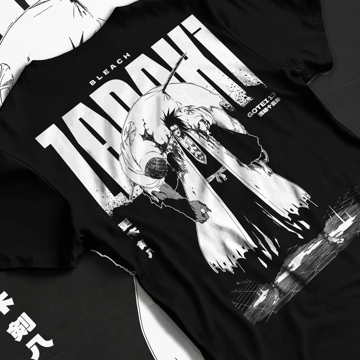 Black T-shirt flat back view with Kenpachi Zaraki from Bleach illustrated back graphic