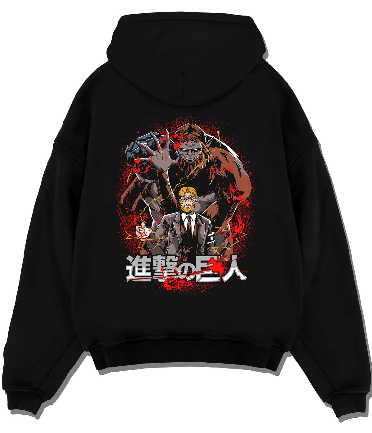 Black hoodie flat back view with Zeke Yeager and the Beast Titan from Attack on Titan illustrated back graphic
