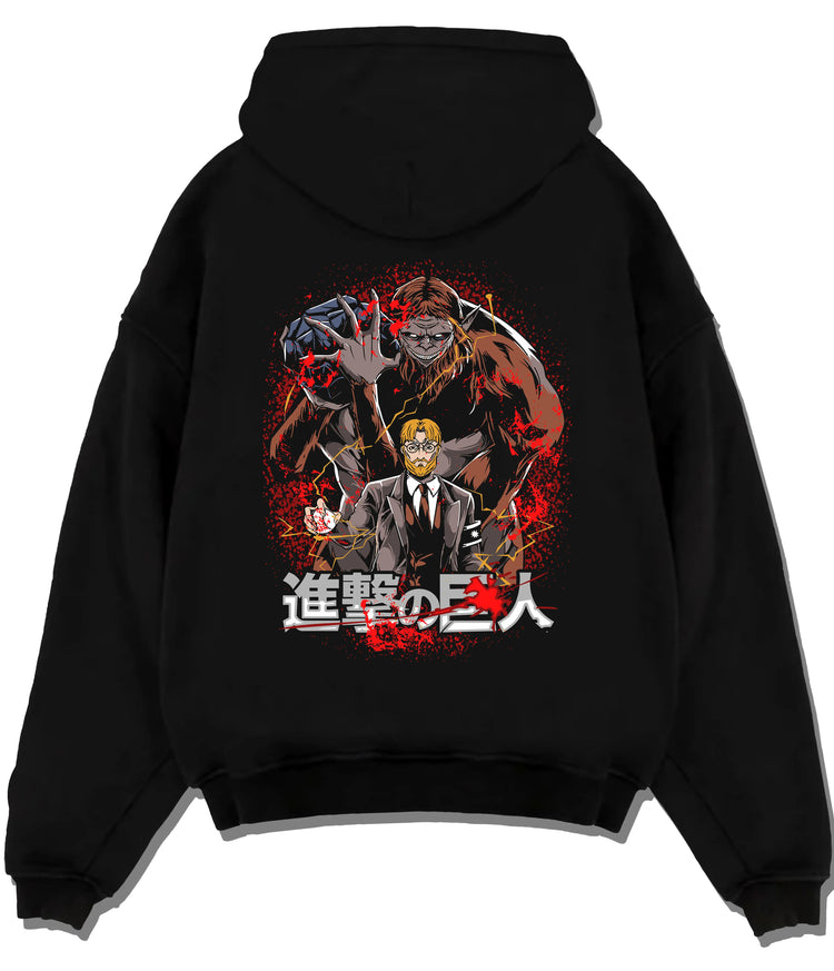 Black hoodie flat back view with Zeke Yeager and the Beast Titan from Attack on Titan illustrated back graphic