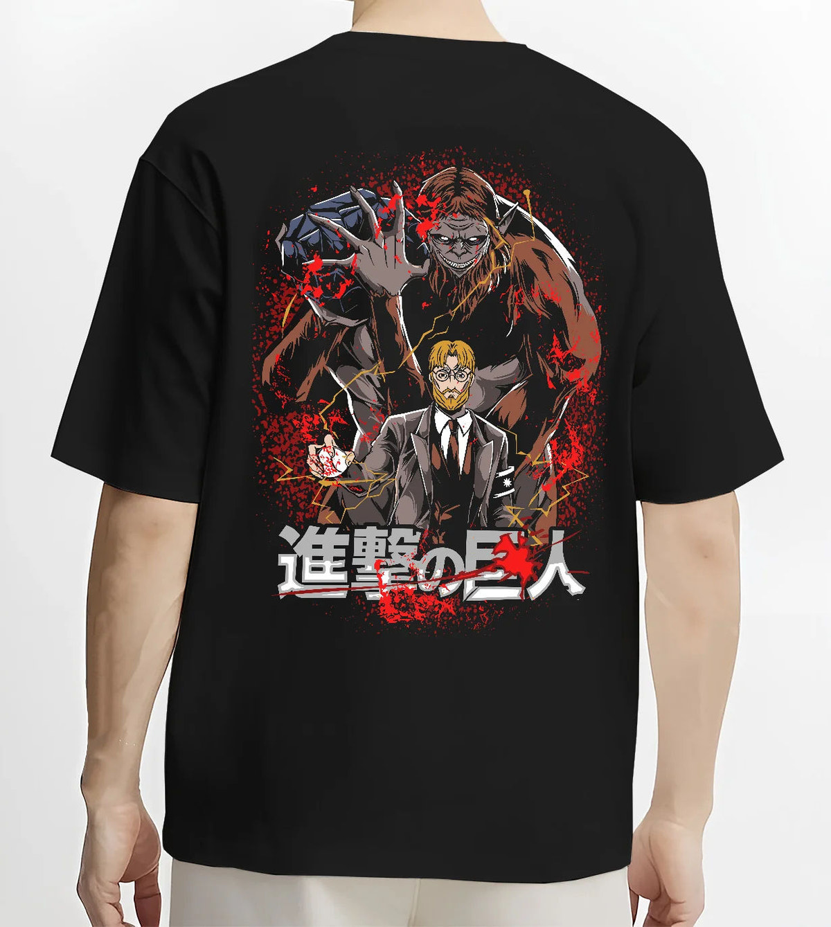 Black T-shirt model back view with Zeke Yeager and the Beast Titan from Attack on Titan illustrated back graphic
