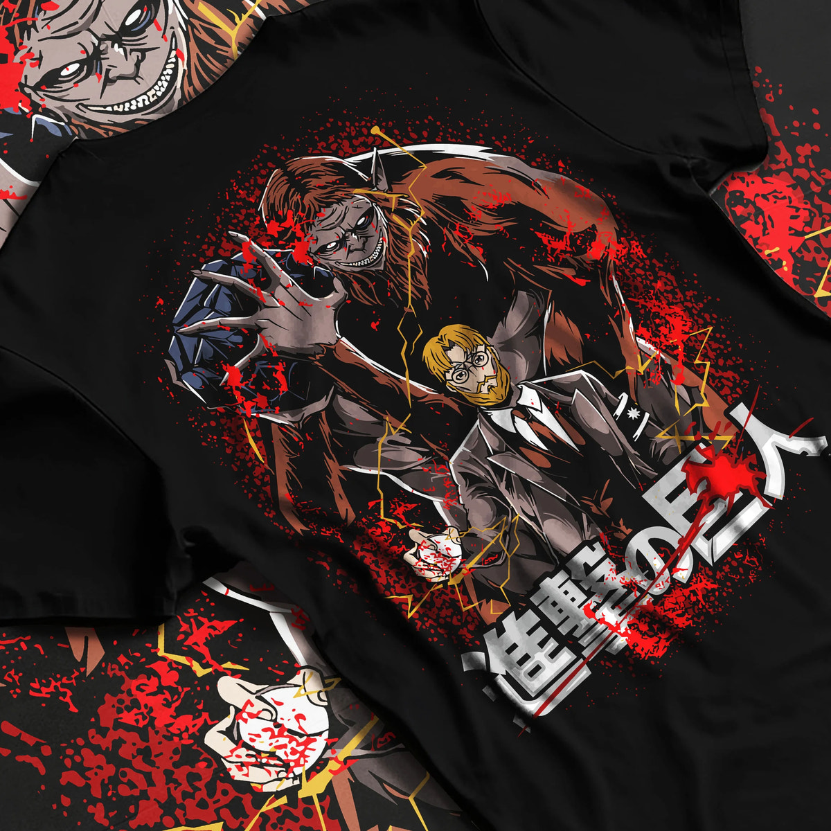 Black T-shirt flat back view with Zeke Yeager and the Beast Titan from Attack on Titan illustrated back graphic
