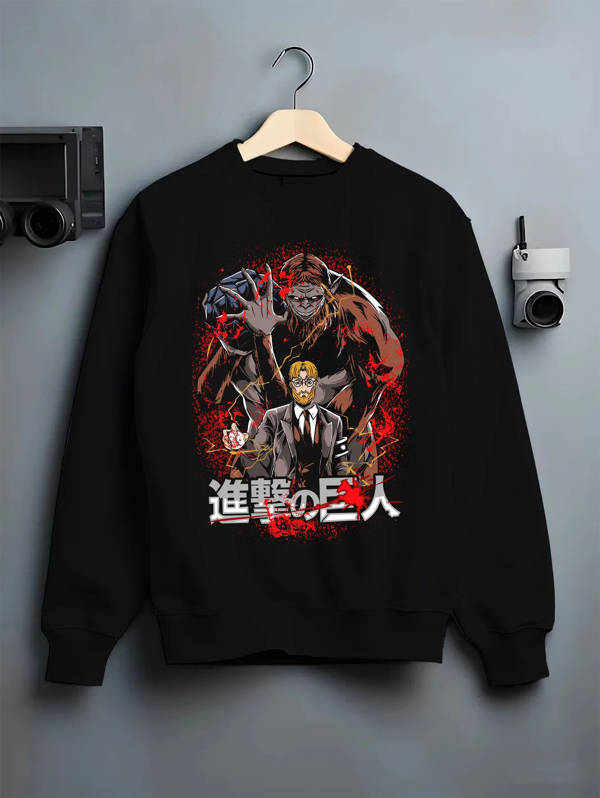 Black crewneck sweatshirt on hanger with Zeke Yeager and the Beast Titan from Attack on Titan illustrated back graphic