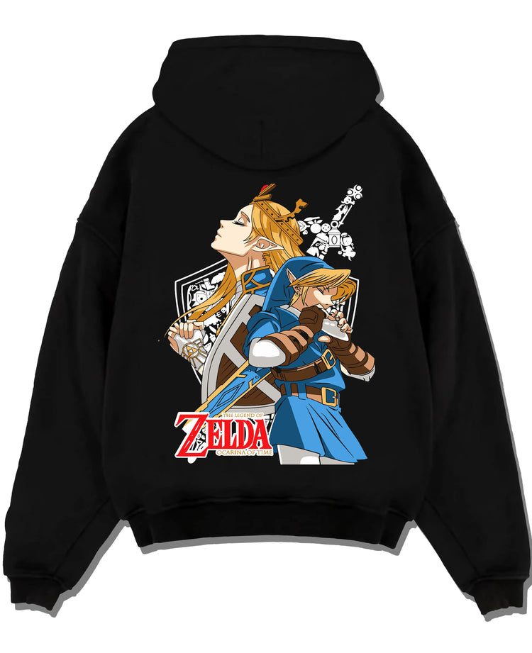 Black hoodie laid flat featuring Link Hylian Crest Master Sword The Legend of Zelda artwork.