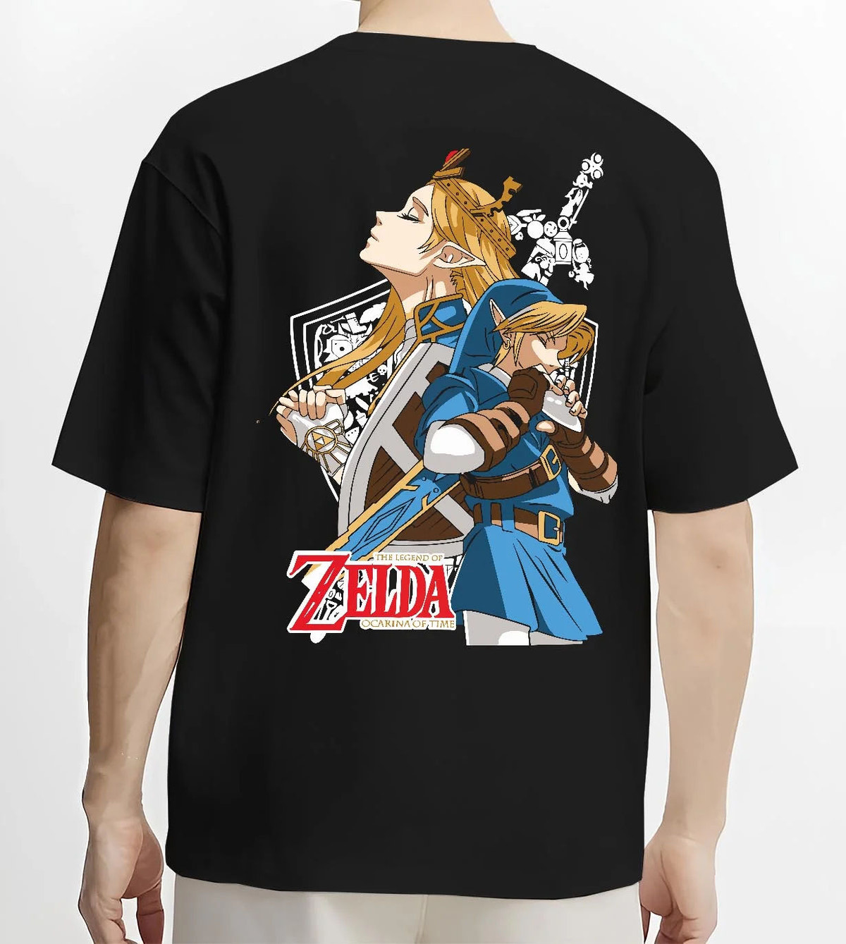 Black T-shirt worn by male model from the back featuring Link Hylian Crest Master Sword The Legend of Zelda artwork.