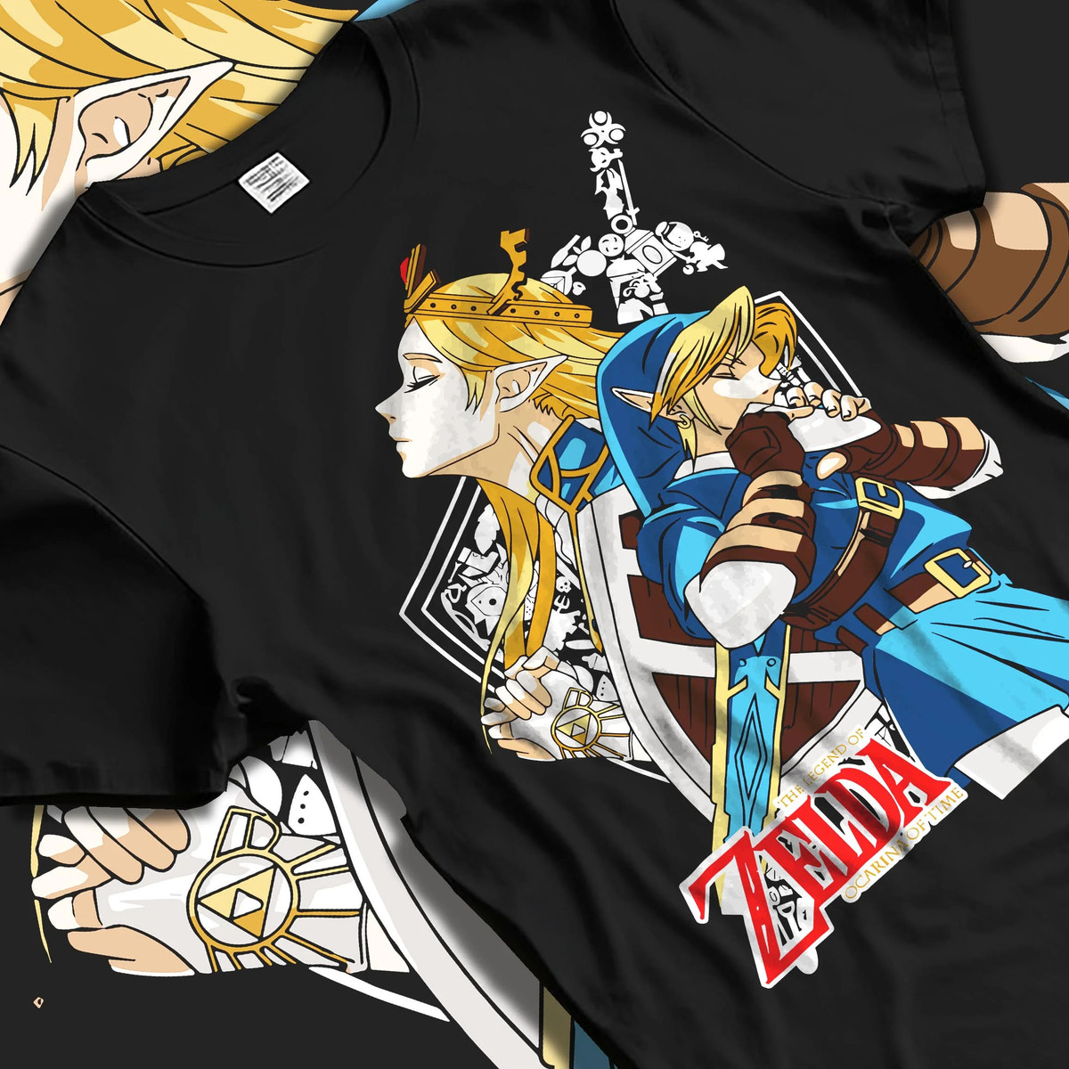 Black T-shirt laid flat with natural folds featuring Link Hylian Crest Master Sword The Legend of Zelda artwork.