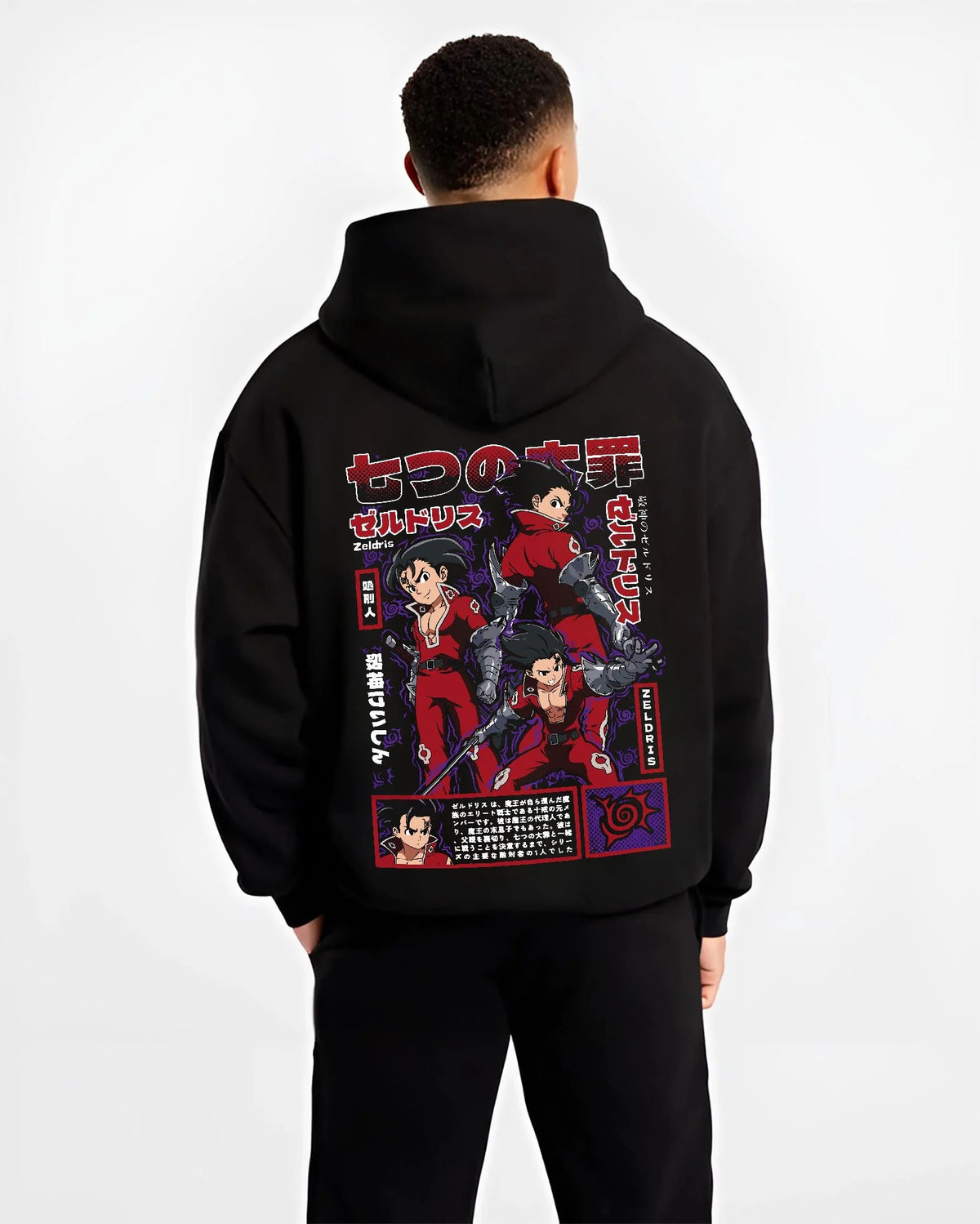 Black hoodie worn by male model from the back featuring Zeldris Demon King power The Seven Deadly Sins artwork.