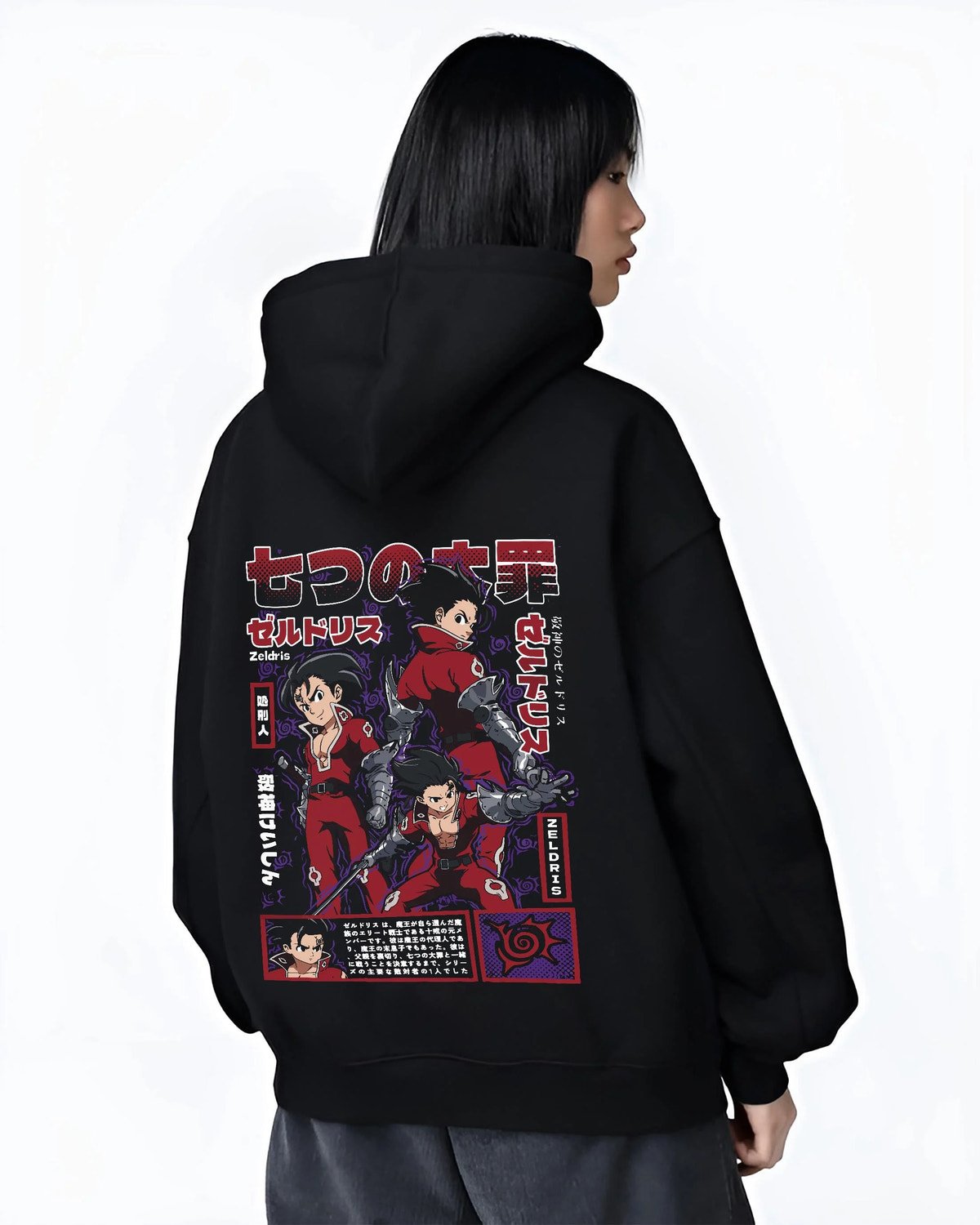 Black hoodie worn by female model from the back featuring Zeldris Demon King power The Seven Deadly Sins artwork.