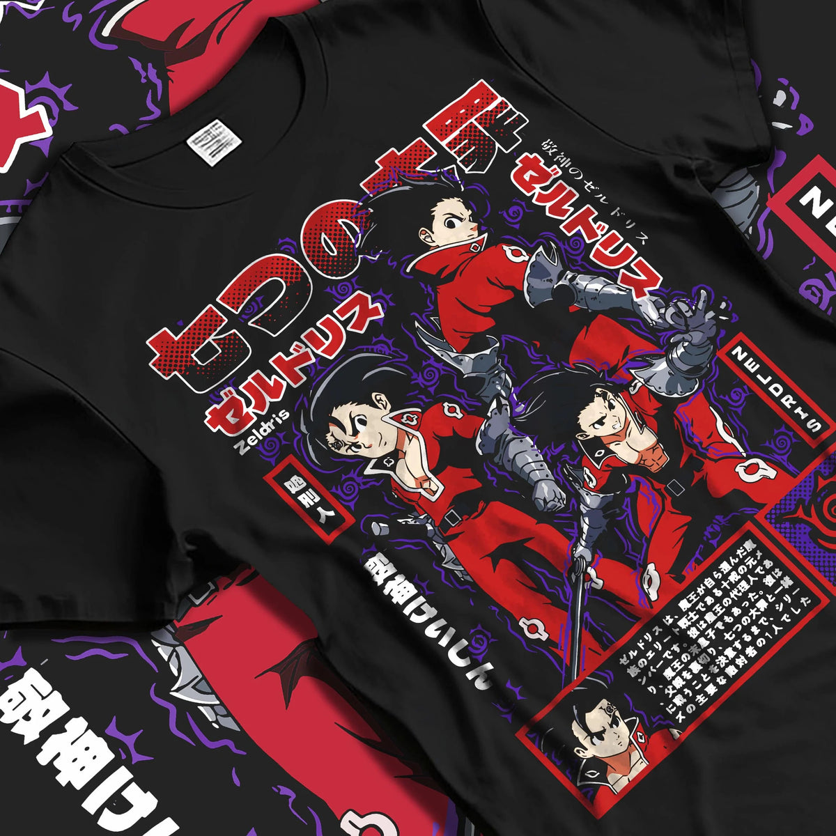 Black T-shirt laid flat with natural folds featuring Zeldris Demon King power The Seven Deadly Sins artwork.