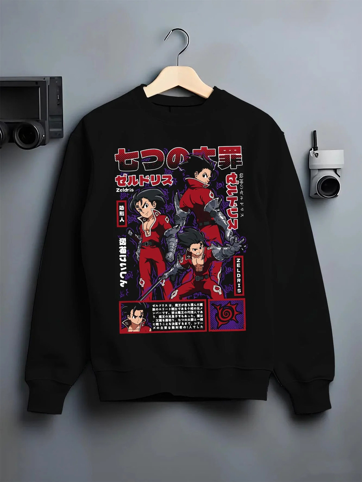Black crewneck sweatshirt on hanger featuring Zeldris Demon King power The Seven Deadly Sins artwork.