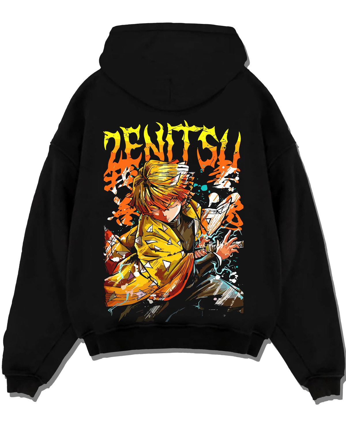 Black hoodie laid flat featuring Zenitsu Agatsuma Seventh Form Demon Slayer artwork.