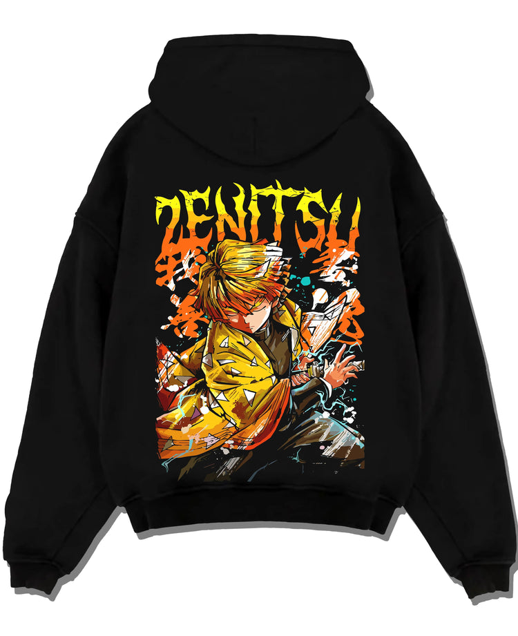 Black hoodie laid flat featuring Zenitsu Agatsuma Seventh Form Demon Slayer artwork.