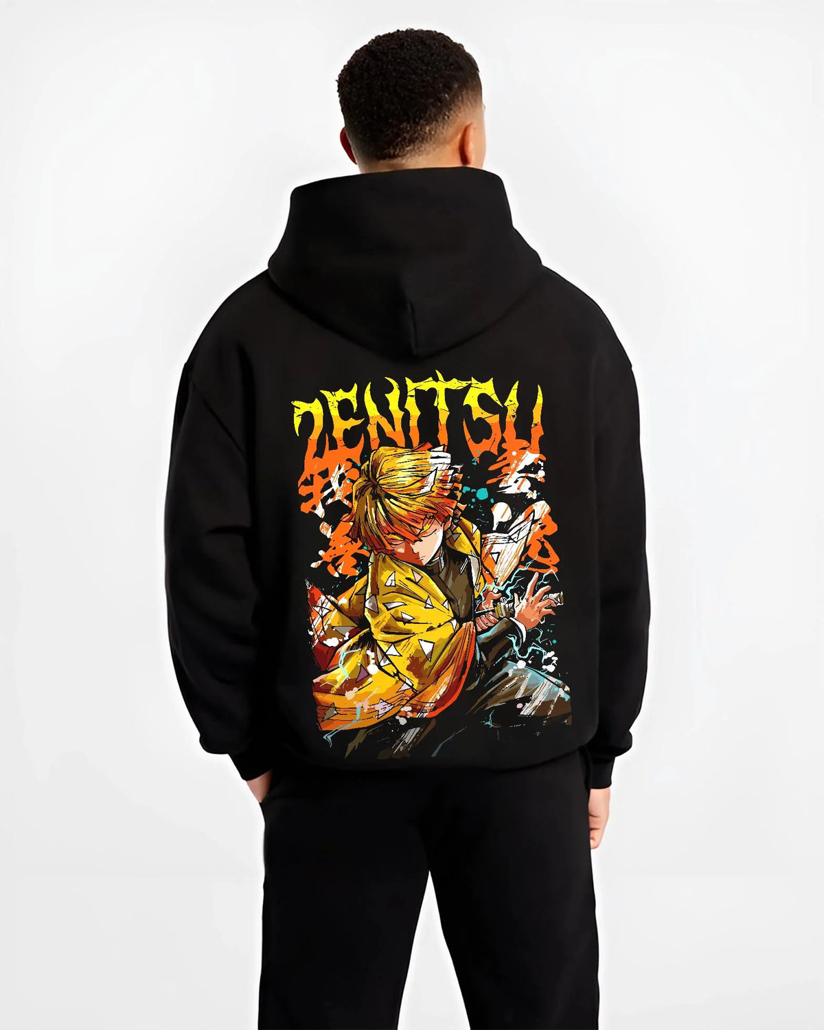Black hoodie worn by male model from the back featuring Zenitsu Agatsuma Seventh Form Demon Slayer artwork.