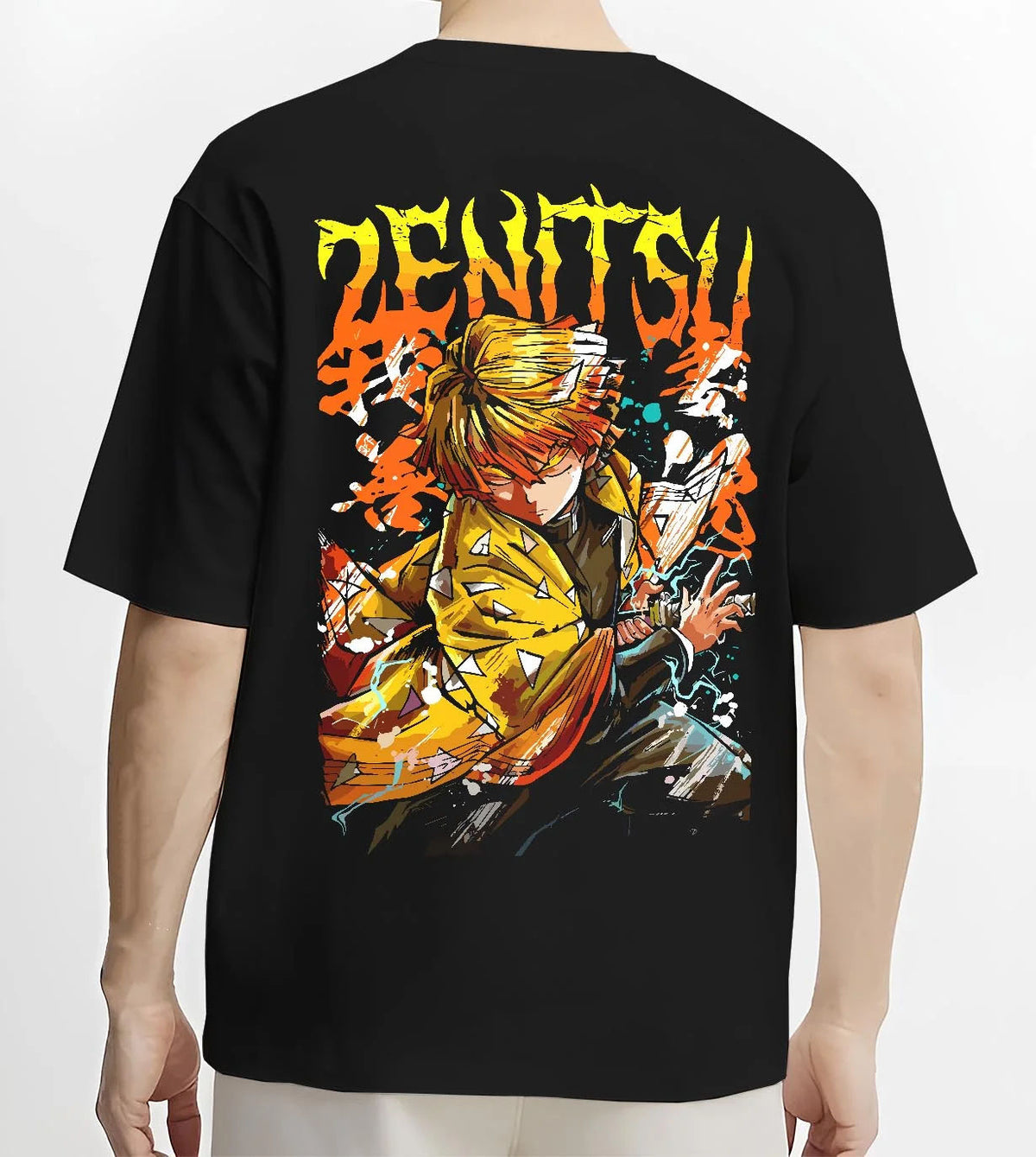 Black T-shirt worn by male model from the back featuring Zenitsu Agatsuma Seventh Form Demon Slayer artwork.