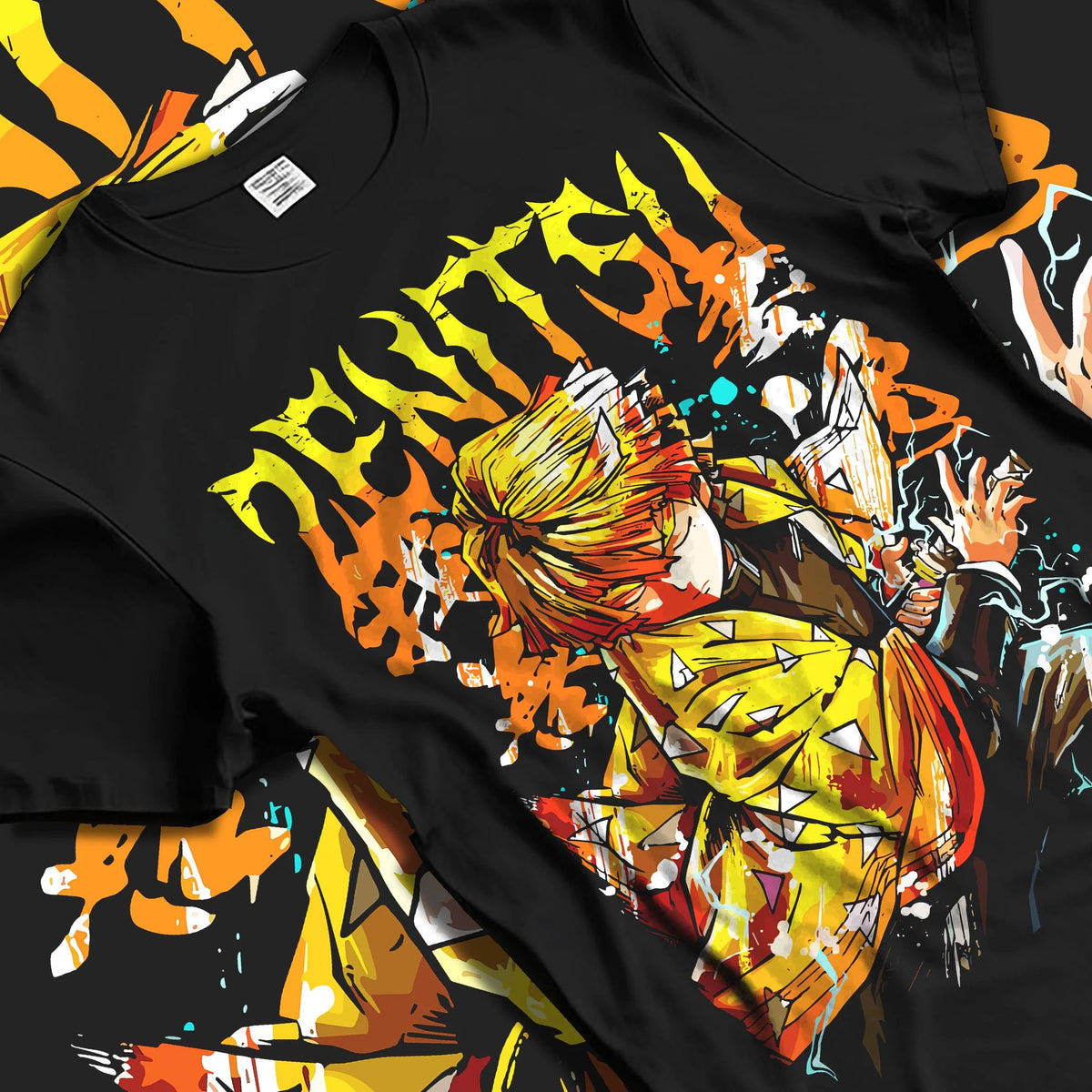 Black T-shirt laid flat with natural folds featuring Zenitsu Agatsuma Seventh Form Demon Slayer artwork.