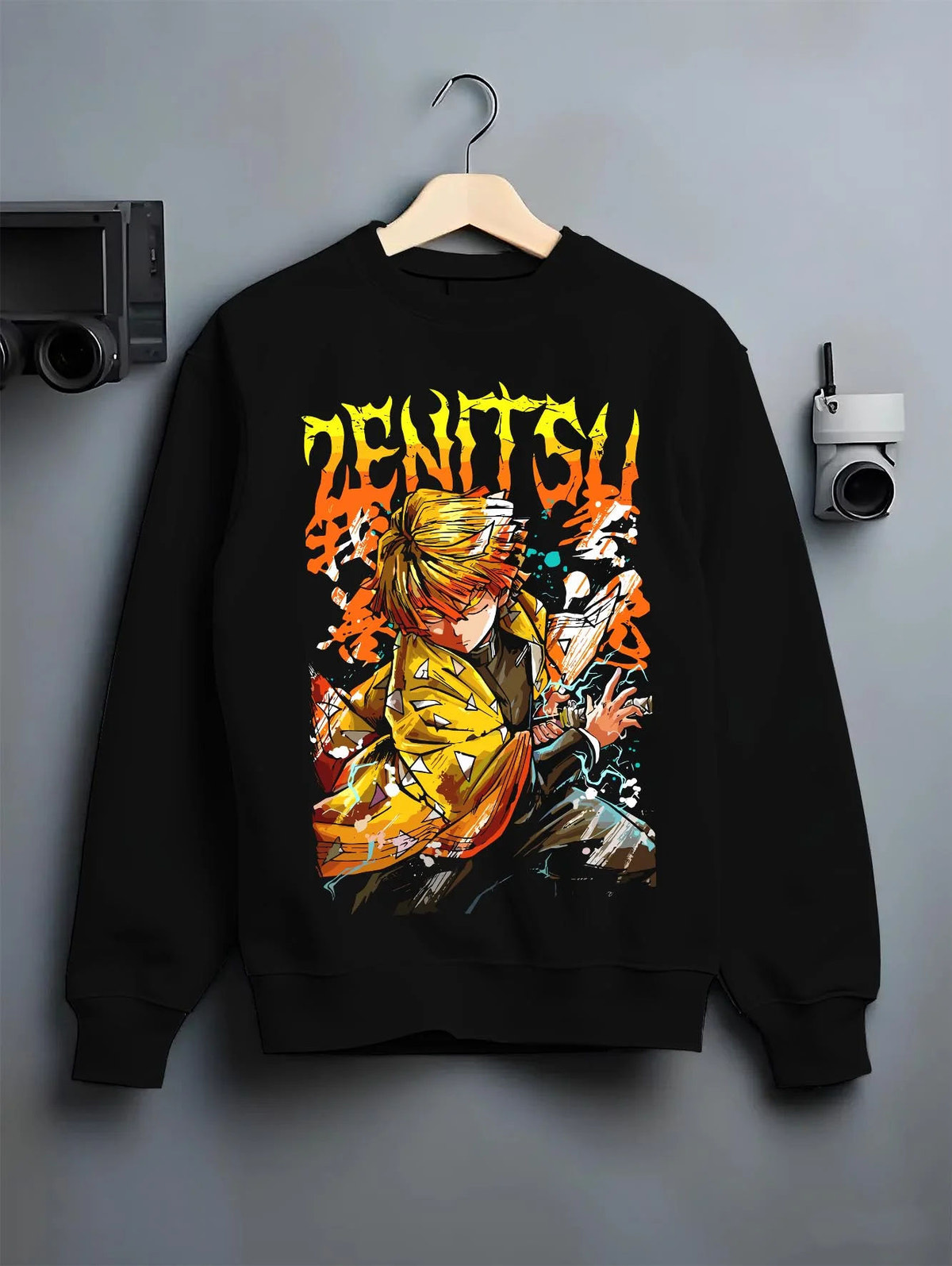 Black crewneck sweatshirt on hanger featuring Zenitsu Agatsuma Seventh Form Demon Slayer artwork.
