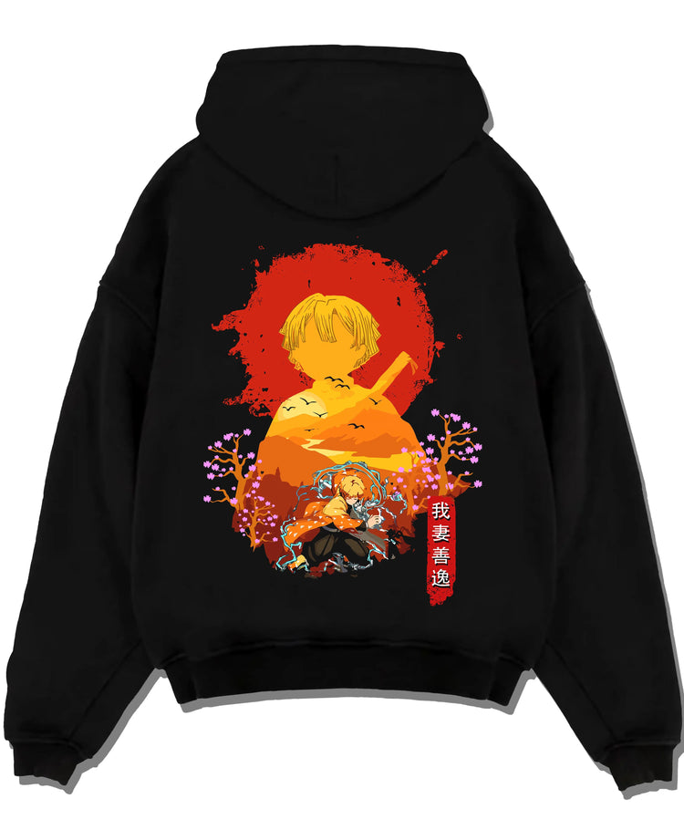 Black hoodie laid flat featuring Zenitsu Agatsuma lightning bolt Demon Slayer artwork.