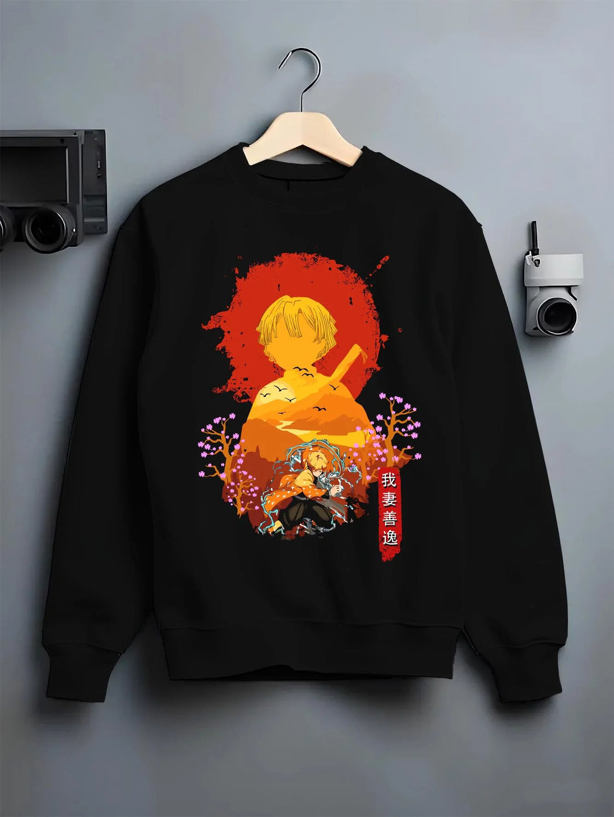 Black crewneck sweatshirt on hanger featuring Zenitsu Agatsuma lightning bolt Demon Slayer artwork.
