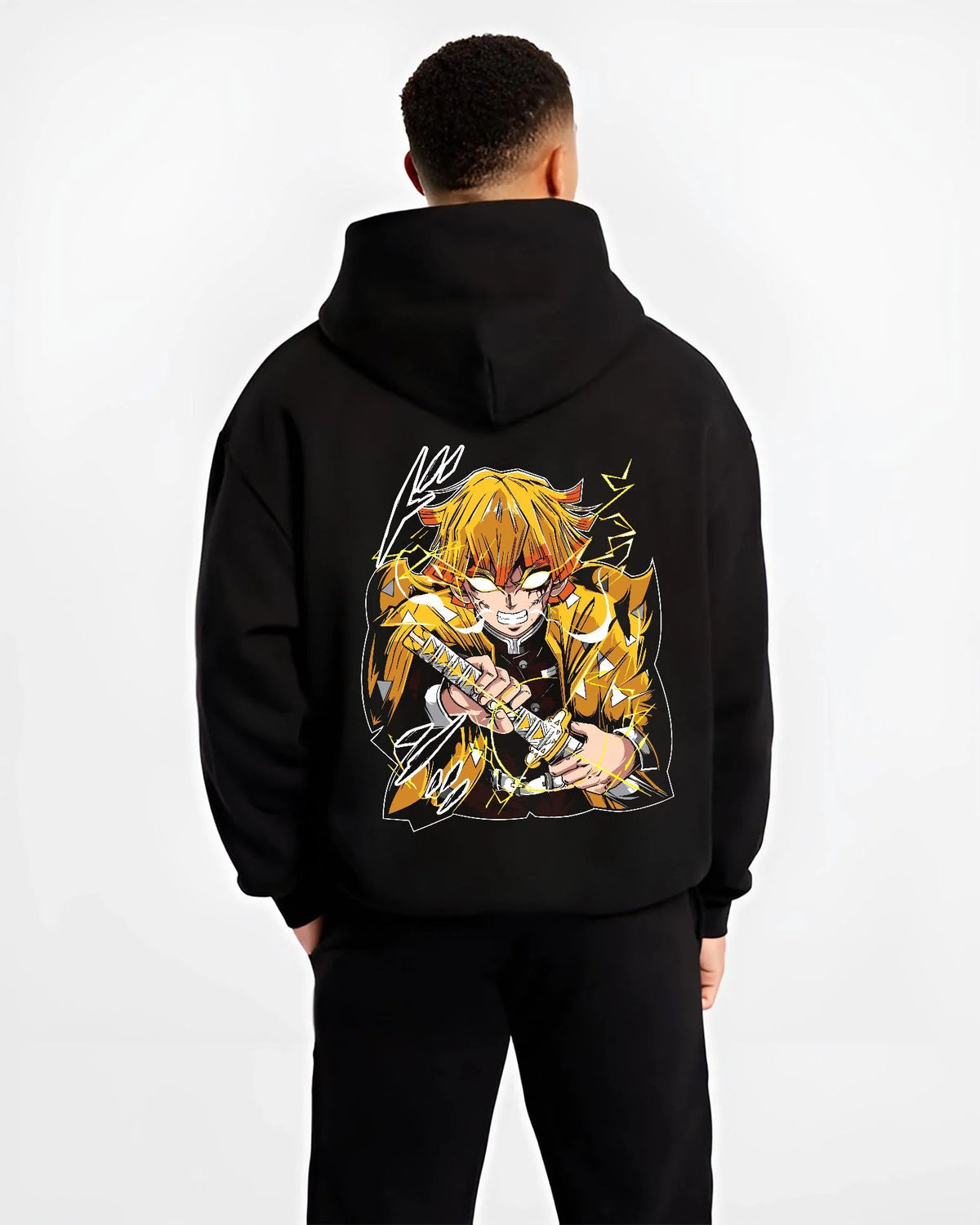 Black hoodie worn by male model from the back featuring Zenitsu Agatsuma Godspeed Demon Slayer artwork.