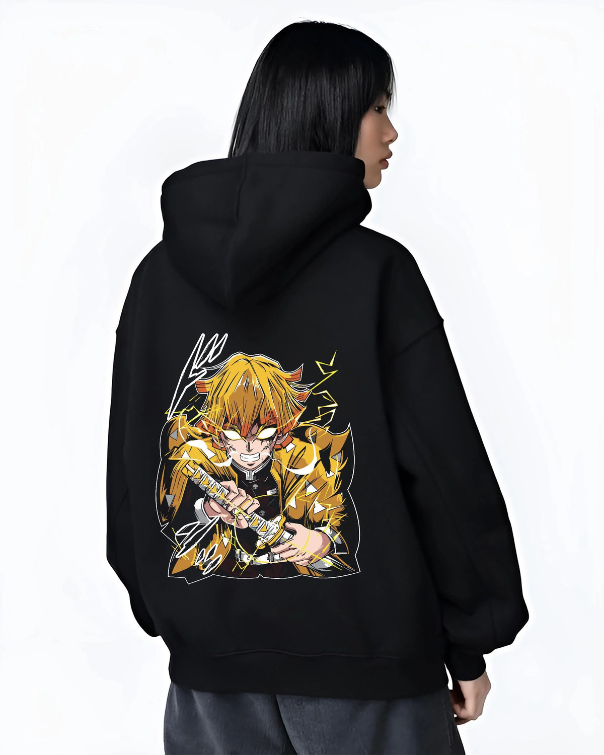 Black hoodie worn by female model from the back featuring Zenitsu Agatsuma Godspeed Demon Slayer artwork.