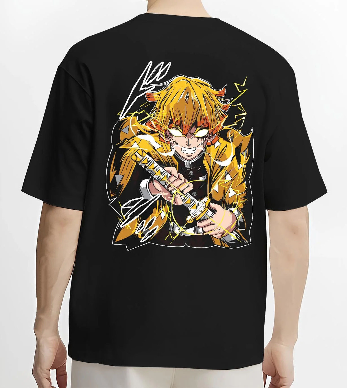 Black T-shirt worn by male model from the back featuring Zenitsu Agatsuma Godspeed Demon Slayer artwork.