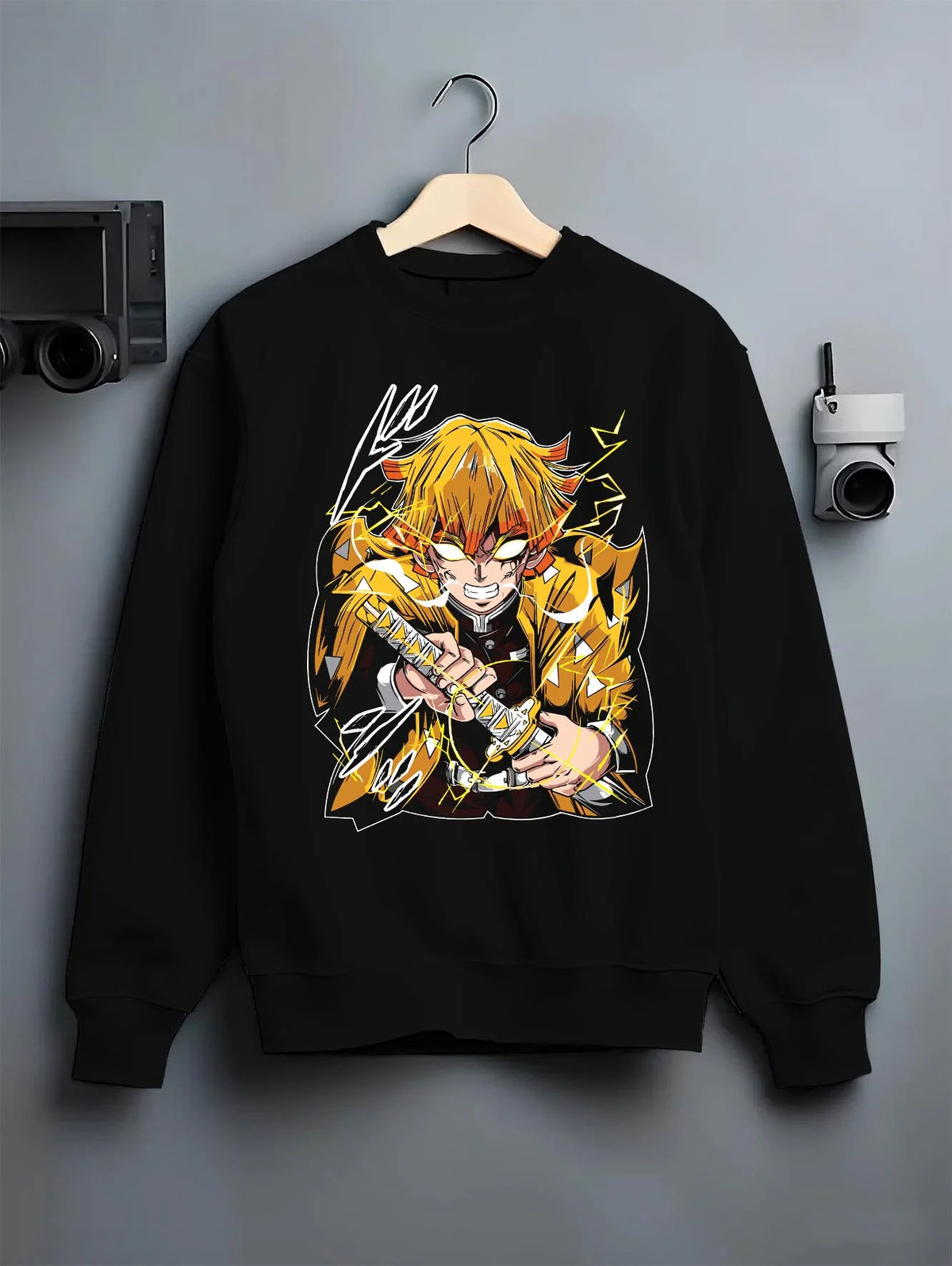 Black crewneck sweatshirt on hanger featuring Zenitsu Agatsuma Godspeed Demon Slayer artwork.