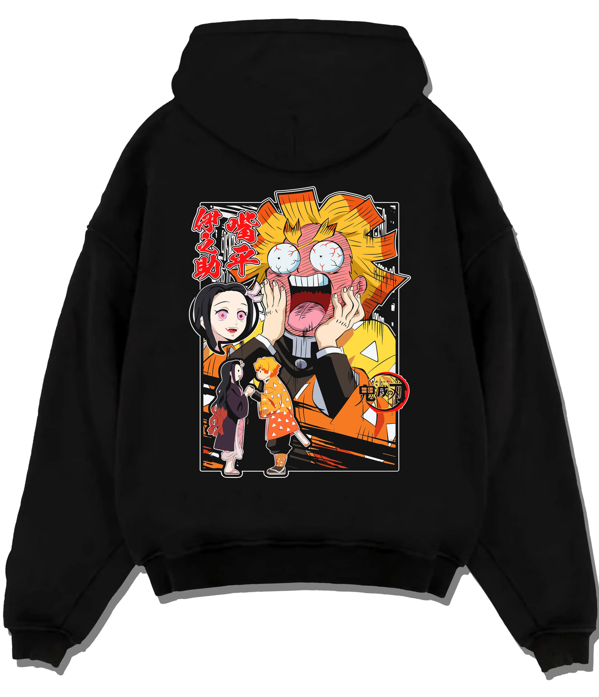 Black hoodie flat back view showing Zenitsu Agatsuma and Nezuko Kamado from Demon Slayer: exaggerated comic scene