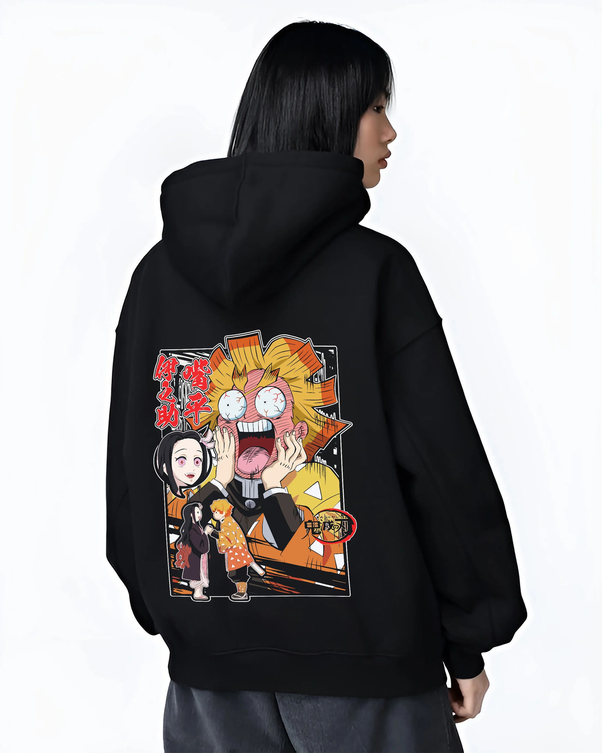 Black hoodie female model back view showing Zenitsu Agatsuma and Nezuko Kamado from Demon Slayer: exaggerated comic scene