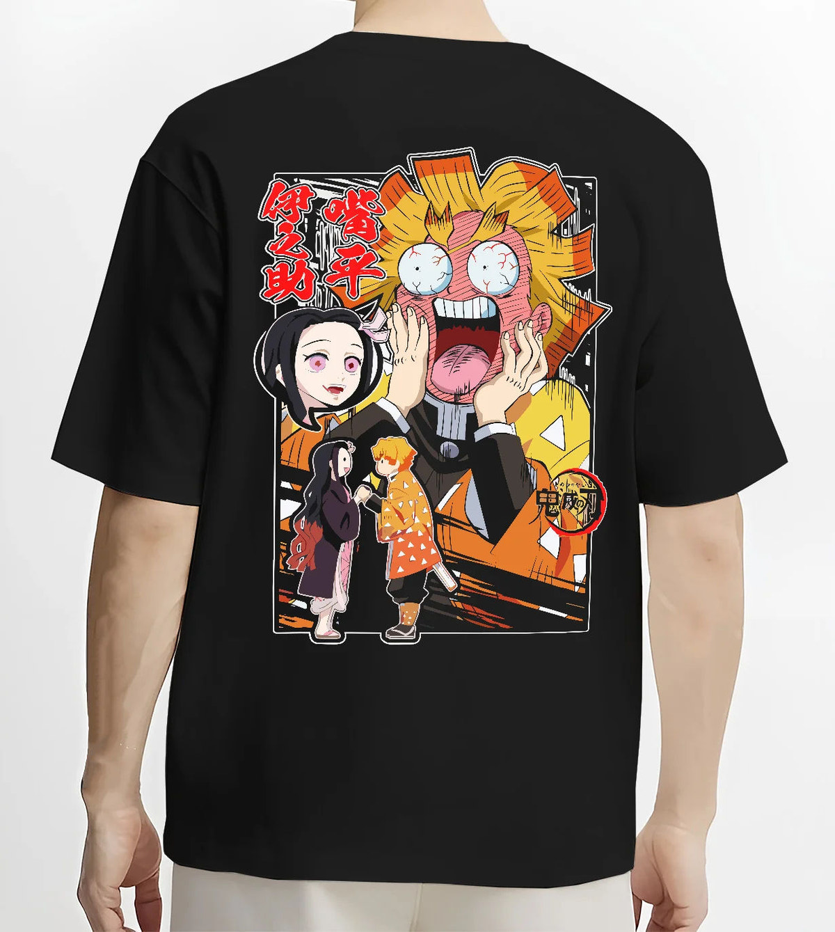 Black T-shirt model back view showing Zenitsu Agatsuma and Nezuko Kamado from Demon Slayer: exaggerated comic scene