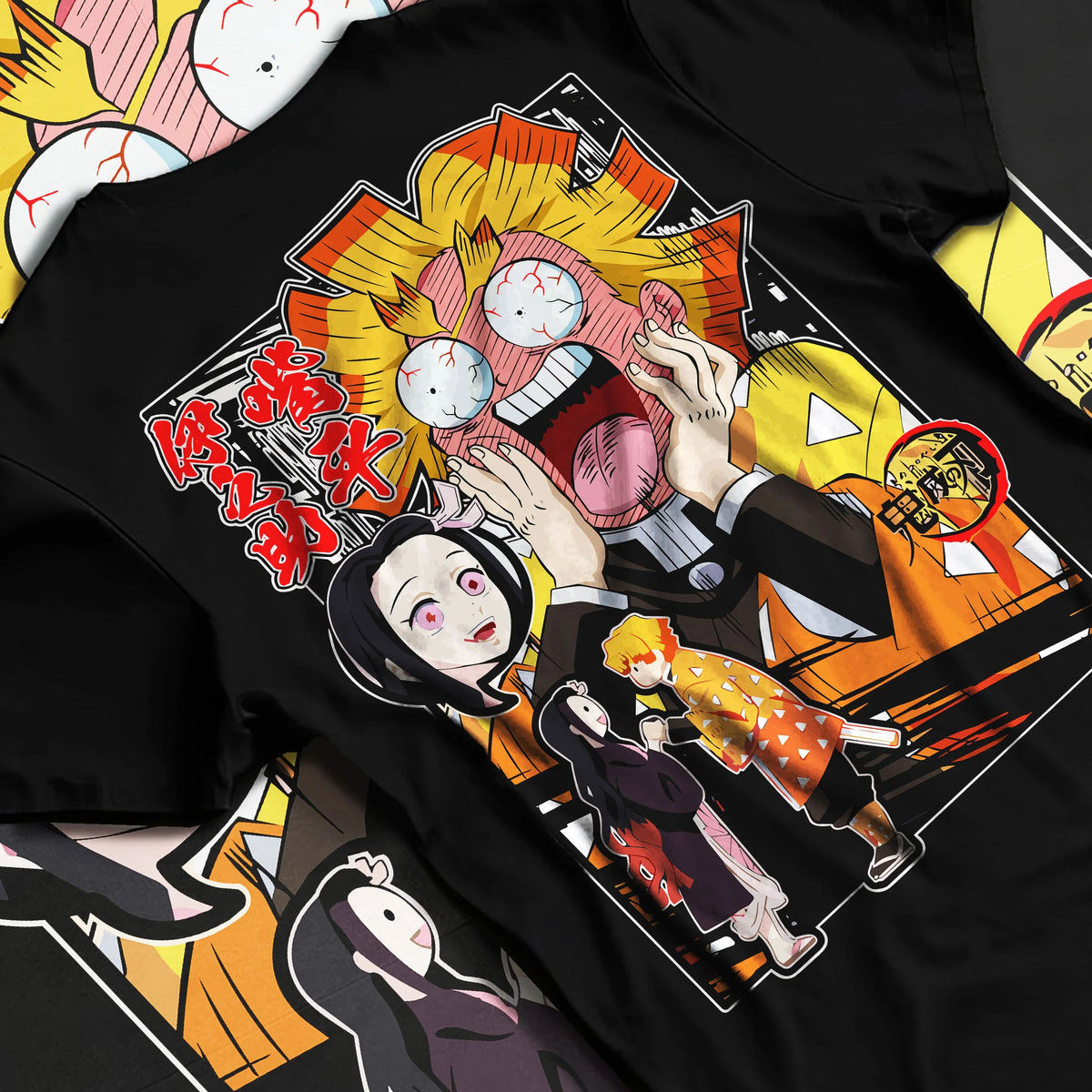 Black T-shirt flat back view showing Zenitsu Agatsuma and Nezuko Kamado from Demon Slayer: exaggerated comic scene