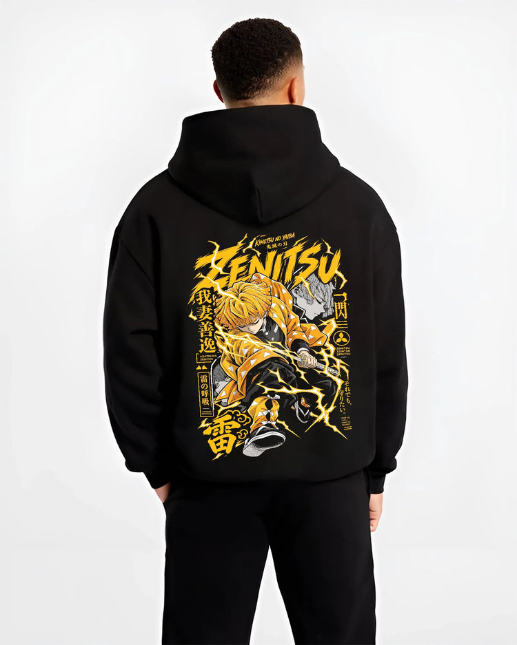 Black hoodie model back view showing Zenitsu Agatsuma from Demon Slayer: lightning Thunder Breathing stance