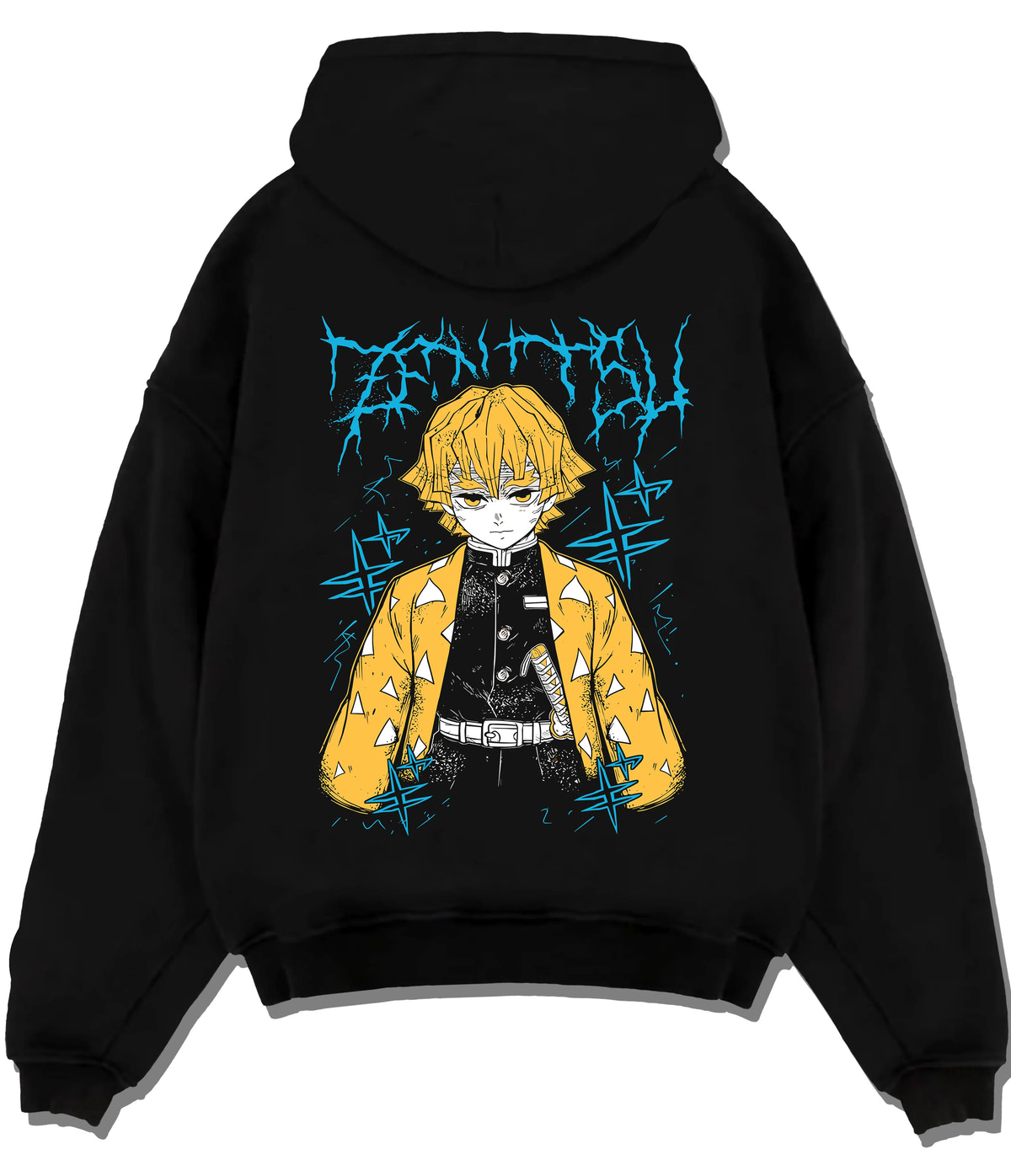 Black hoodie flat back view showing Zenitsu Agatsuma from Demon Slayer: yellow haori portrait