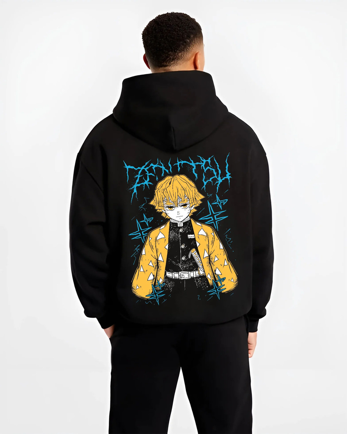 Black hoodie model back view showing Zenitsu Agatsuma from Demon Slayer: yellow haori portrait