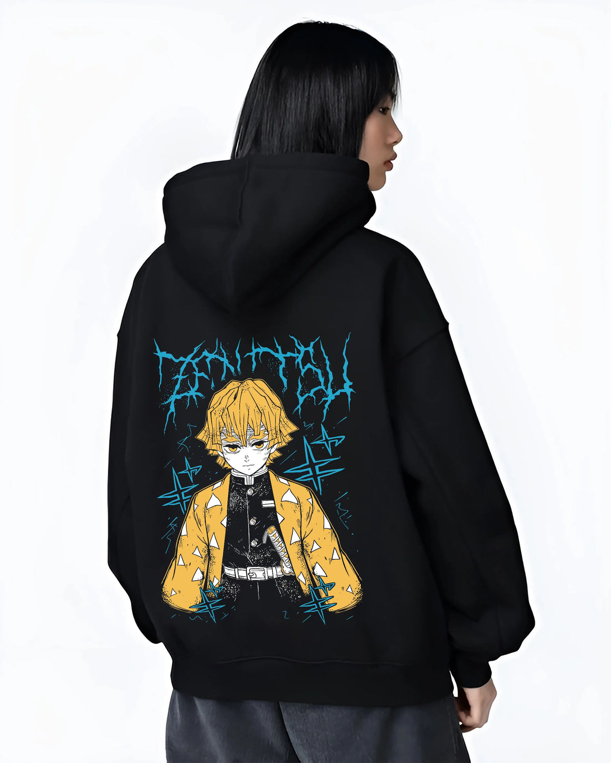 Black hoodie female model back view showing Zenitsu Agatsuma from Demon Slayer: yellow haori portrait