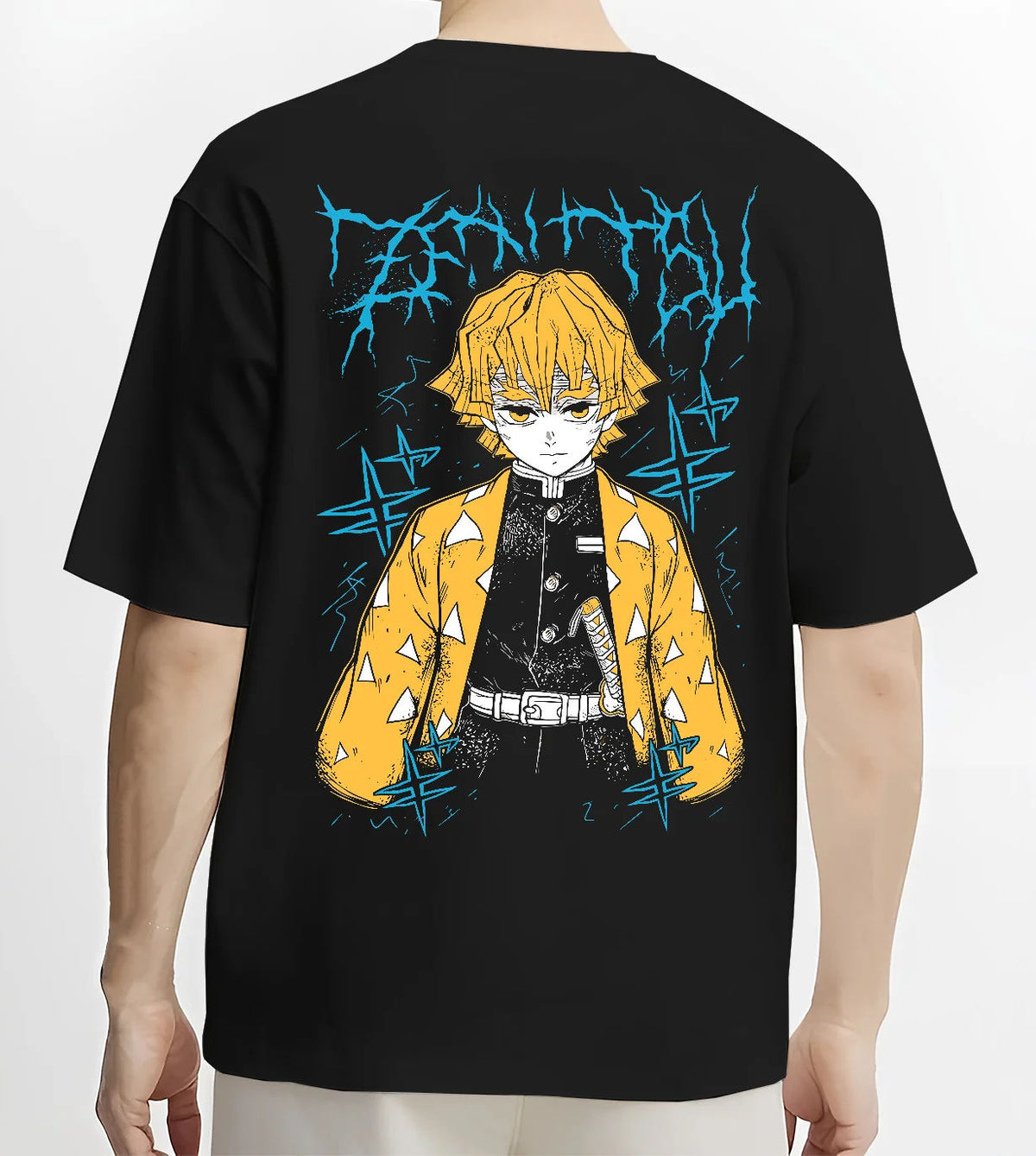 Black T-shirt model back view showing Zenitsu Agatsuma from Demon Slayer: yellow haori portrait