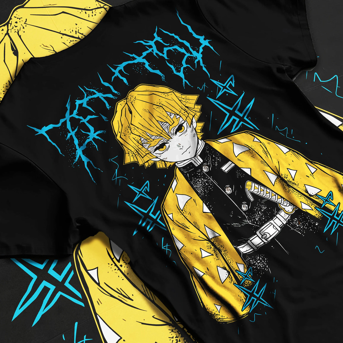 Black T-shirt flat back view showing Zenitsu Agatsuma from Demon Slayer: yellow haori portrait