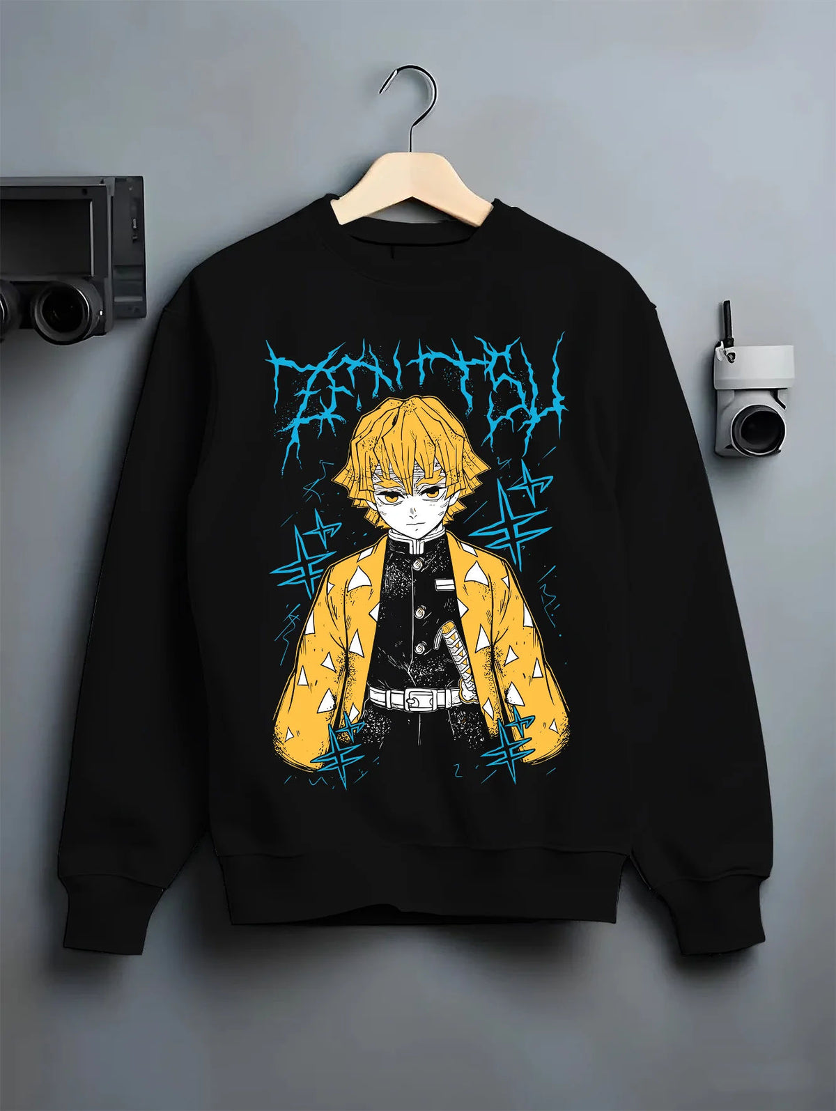 Black crewneck sweatshirt on hanger showing Zenitsu Agatsuma from Demon Slayer: yellow haori portrait