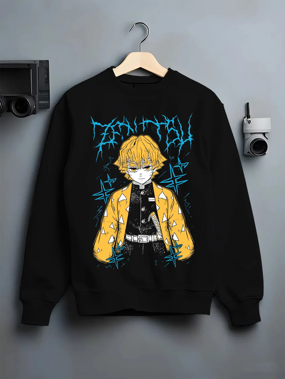 Black crewneck sweatshirt on hanger showing Zenitsu Agatsuma from Demon Slayer: yellow haori portrait
