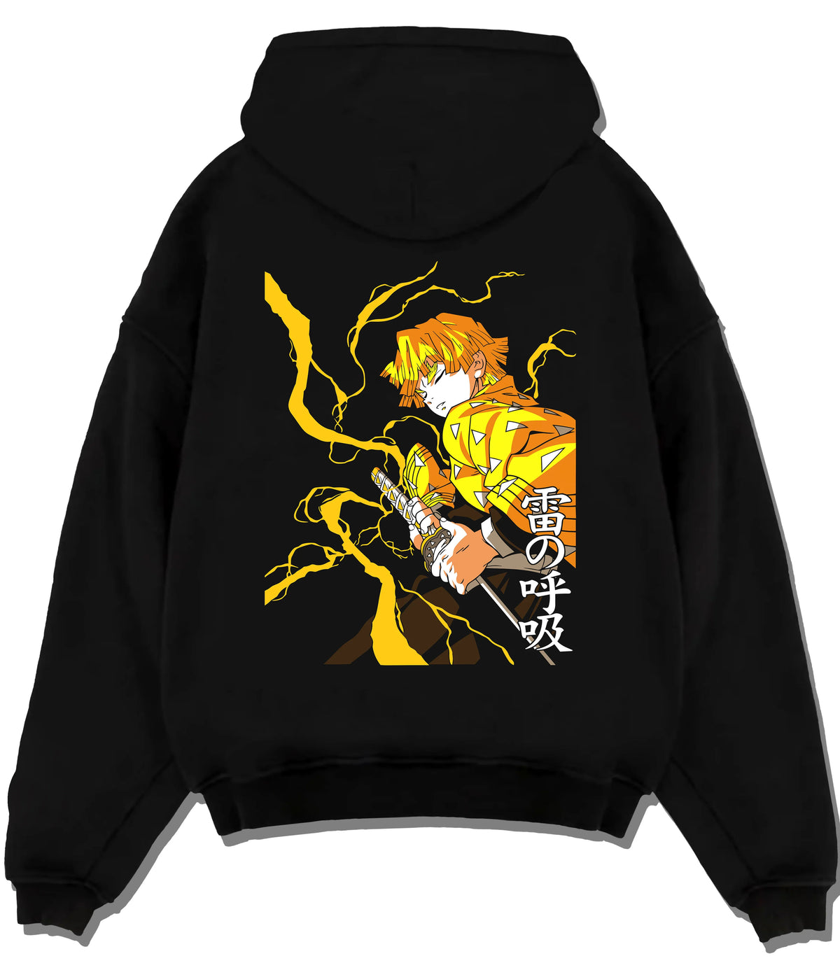 Black hoodie flat back view showing Zenitsu Agatsuma from Demon Slayer: lightning katana pose