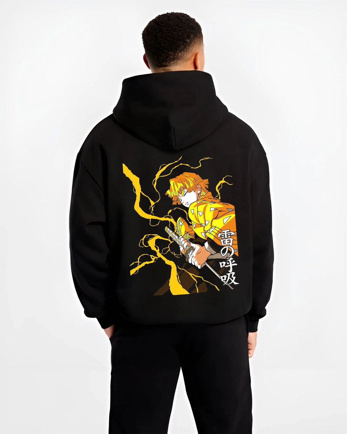 Black hoodie model back view showing Zenitsu Agatsuma from Demon Slayer: lightning katana pose